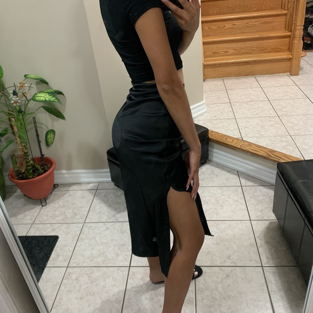 Princess Polly Black Satin Silk Split Midi Skirt
